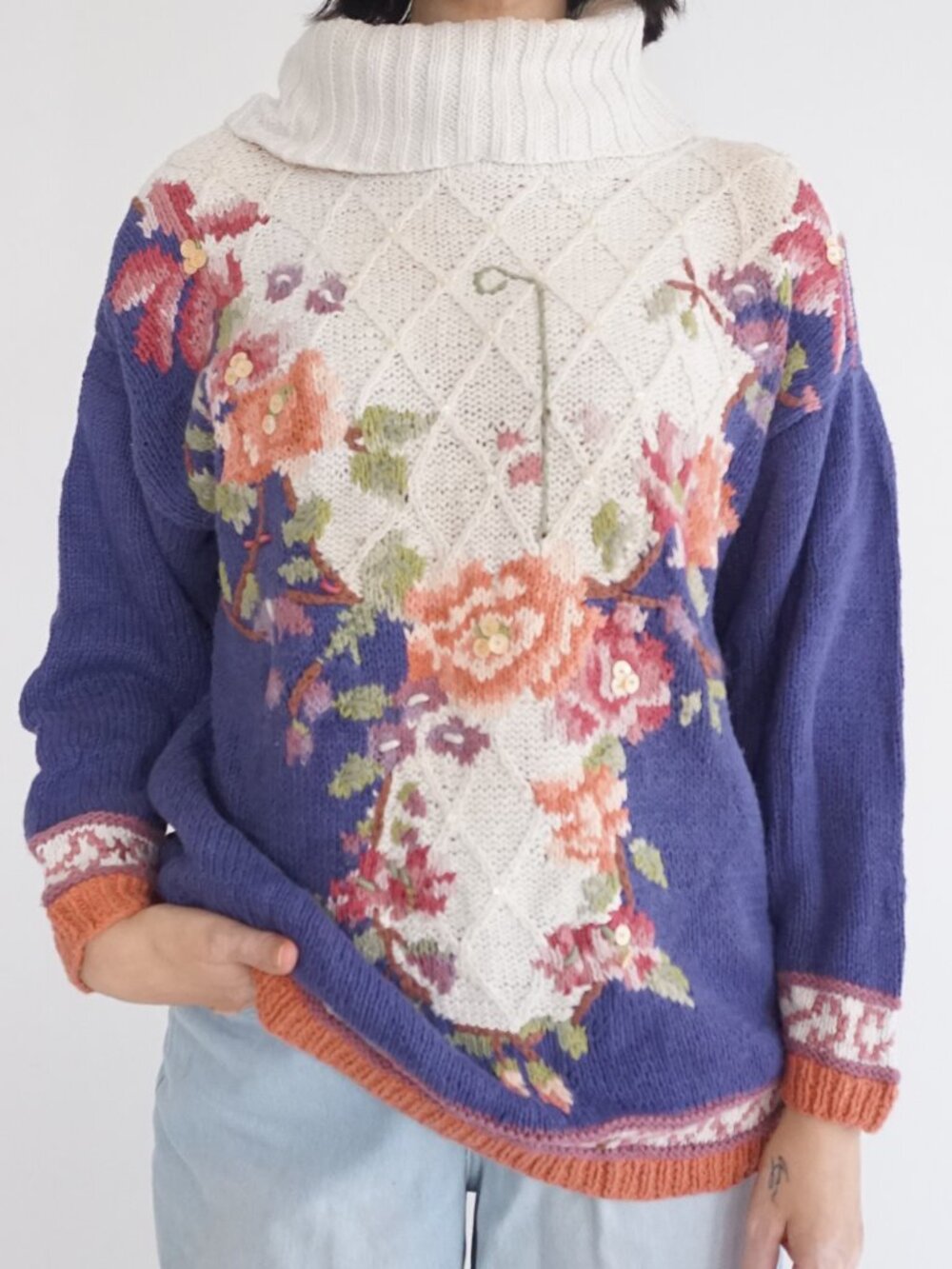 Vintage Jennifer Reed Blue Floral Rose Turtleneck Cottage Grandpa Knit Sweater L